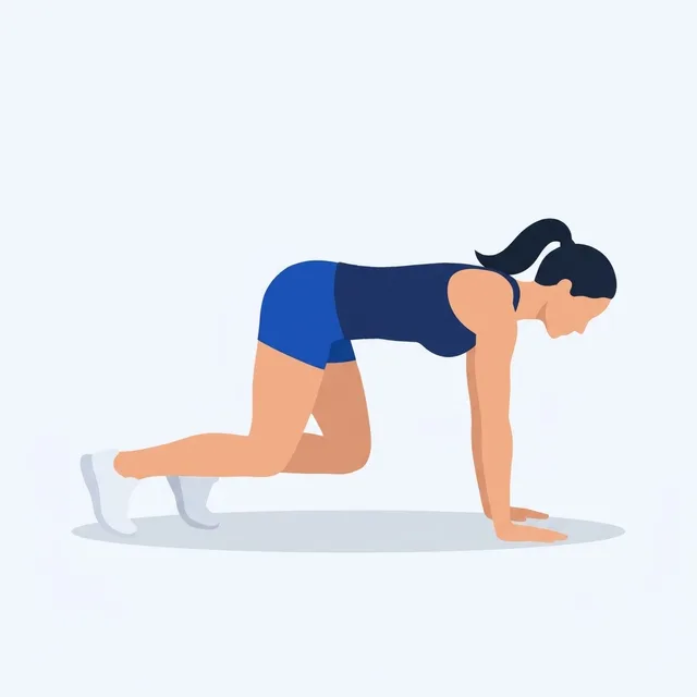 Knees an inch off the floor, back flat like a table, head neutral.