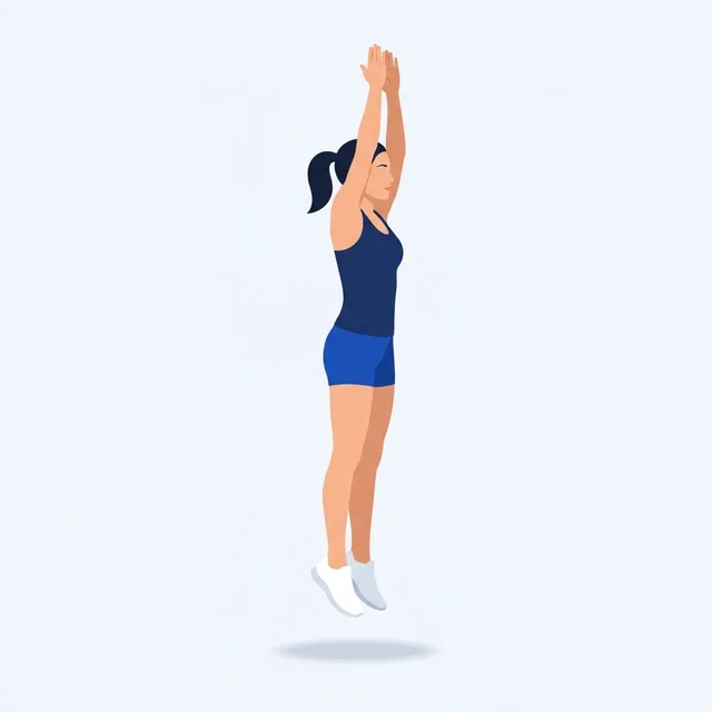 Stand up and jump, hips open, hands clap overhead.