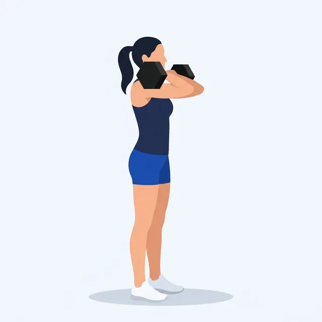 Stand all the way up, dumbbells still on the shoulders.