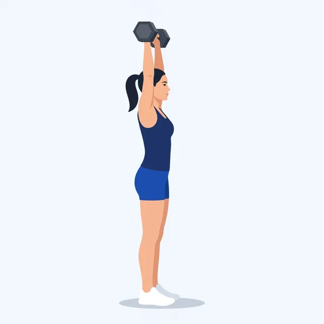 Arms locked, dumbbells over the shoulders, biceps by the ears.