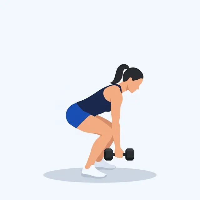 Dumbbell between the feet, flat back, arm long.