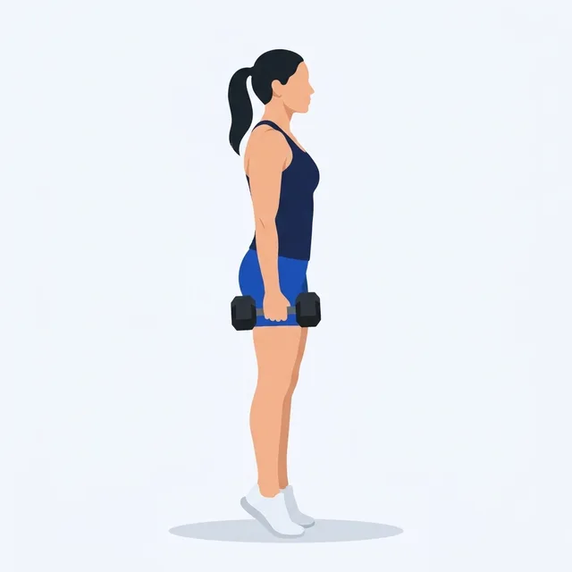 Jump with the hips, dumbbell close to the body, arm still long.
