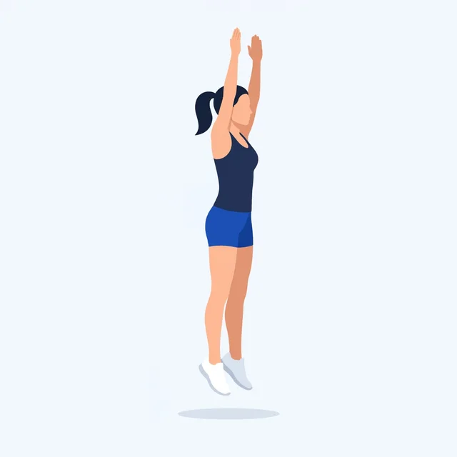 Jump high, arms up, legs straight; land toes first, then sink.