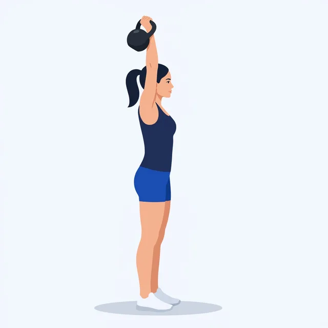 Press to a locked arm, biceps by the ear, torso straight.