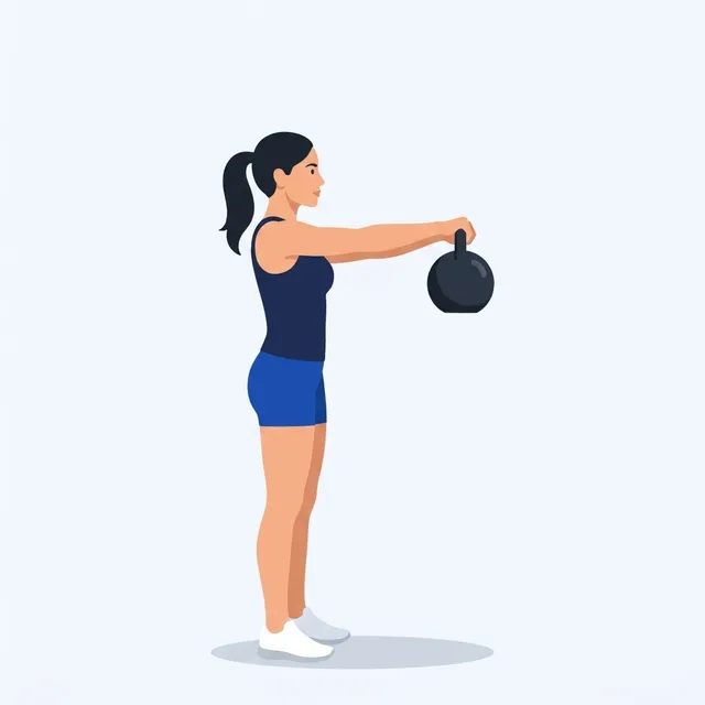 Snap the hips, glutes tight, stand tall, the bell floats to chest height.