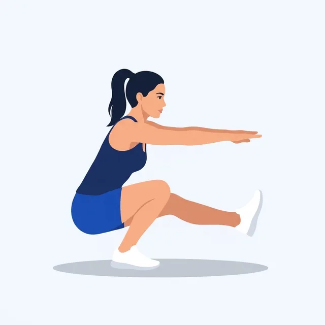 Sit down slowly, hip below the knee, heel down, then stand all the way up.