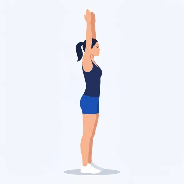 Step in one foot at a time, stand tall, arms overhead, no jump.